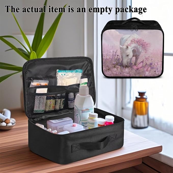 Rnyleeg Pink First Aid Kit Empty Butterfly Horse Print First Aid Bag for Home Travel Outdoor Emergency Medical Kit with Mesh Pockets Easy to Carry