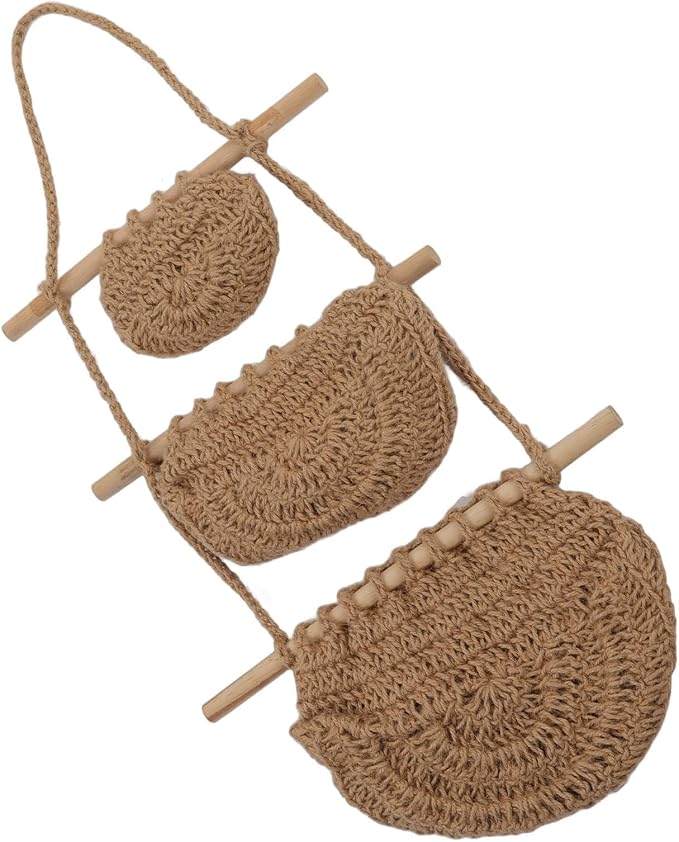 Handcrafted 3-Tier Hanging Wall Basket Made of Hemp Rope and Wood, Rustic Wall-Mounted Fruit and Plush Doll Organizer