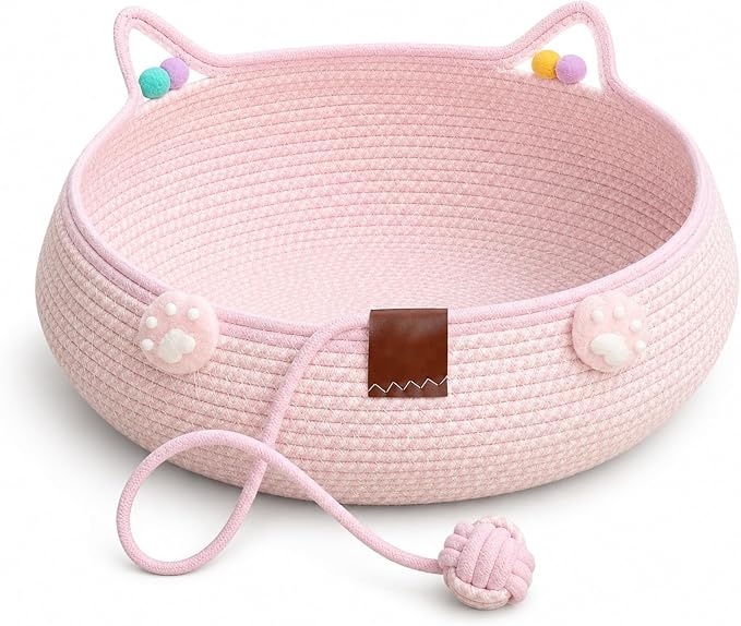 Cat Basket Bed with Cushion and Hanging Ball Toy, Handwoven Cotton Rope Cat Bed Basket, Boho Nesting Pet Bed for Kittens Puppies Scratchable Woven Cat Nest Lounger Sleeping & Playing，A：Medium