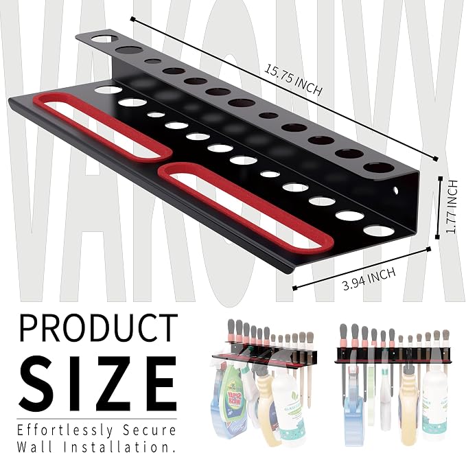 Wall Mount Brush & Spray Bottle Holder Combo Rack for Garage, Detailing Organizer with Mounting Hardware - Holds 12 Brushes & Hanging Rail for Bottles