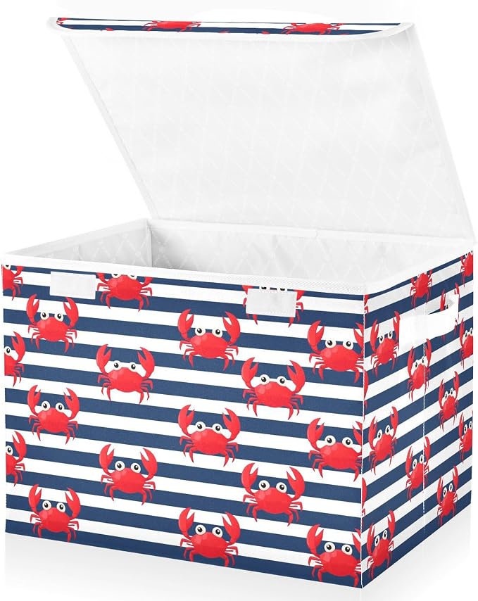 Storage Bins with Lid Crab Stripe Foldable Storage Boxes 40L Baskets | Decorative Storage Boxes, Dust-Proof Flip Top, Reinforced Handles, For Home & Bedroom, Clothes & Toy Box, Sea Fabric Print