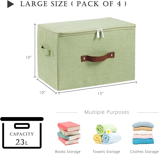 4PCS Storage Bins with Zipper Lids Decorative Lidded Basket Box | Clothes Container, Closet Shelf Organizer, Foldable Washable, Cotton Linen Fabric, w/ PU Leather Handles, Green, Large