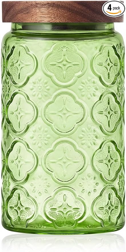 Glass Jar with Airtight Wood Lid – 34 OZ Kitchen Bathroom Pantry Canister, Decorative Vintage Storage Container for Candy, Coffee, Cookie, Cereal, Sugar, Tea, Pet Treat, Bath Salt, Green Begonia