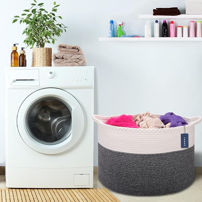 COMSE XXXLarge Woven Blanket & Laundry Basket, 87L, White & Black | 21.7" x 13.8", Cotton Rope, Nursery Hamper for Storage of Toys Clothes Towels, Ideal for Living Room Bedroom Bathroom
