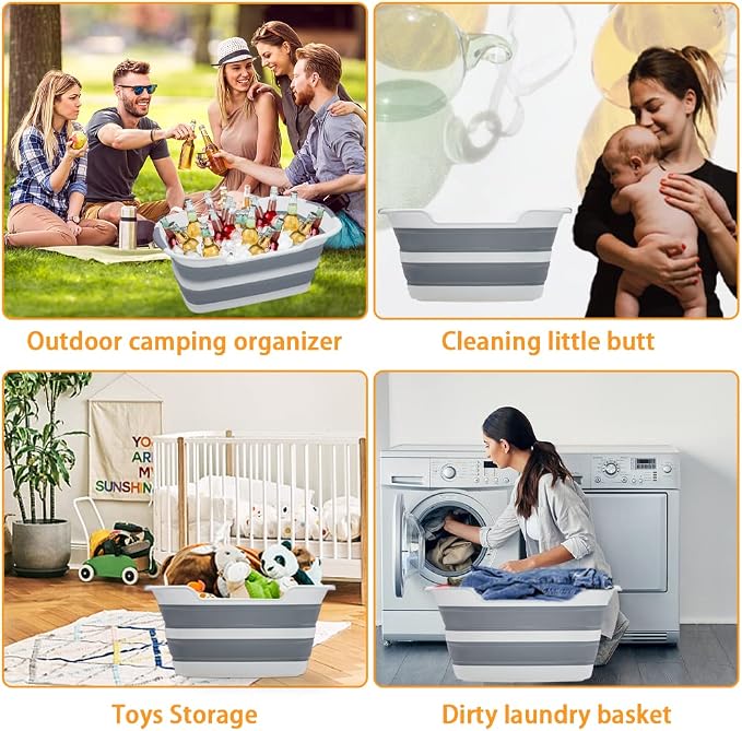 Goderewild Collapsible Pet Bathtub, 7.1 Gal (27L) - Foldable Bathing Tub with Drain Plug for Dogs & Cats Under 30 lbs - Multi-Use as Laundry Basket, Storage Organizer, Camping Sink (Grey)