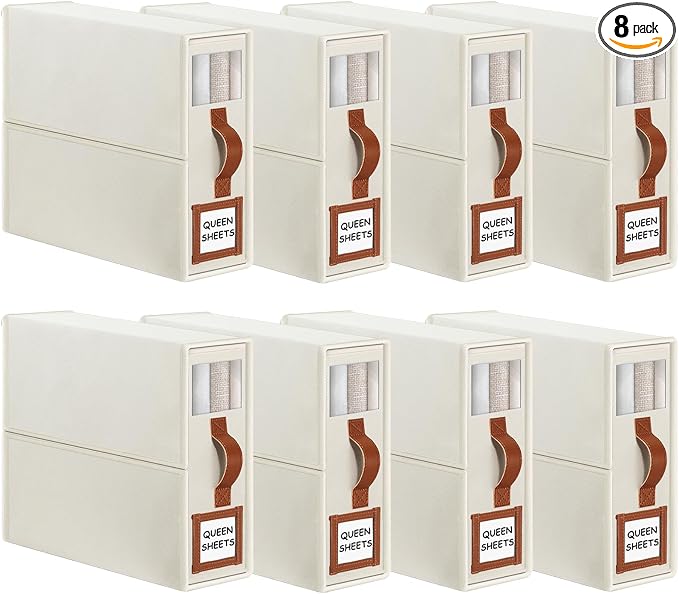 GhvyenntteS 8 Pack Bed Sheet Organizers and Storage (Queen & King Size), Foldable Sheet Organizers and Storage with Window and Label, Bed Sheet Organizer with Leather Handle, Beige