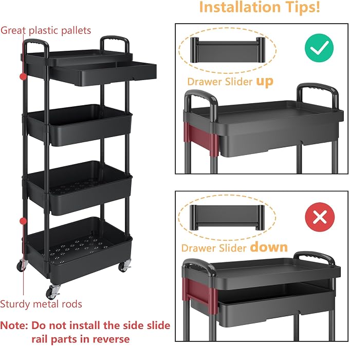 Calmootey 4-Tier Utility Cart with Drawer & Wheels, Storage for Home,Office | Space-Saving Organizer, Sturdy Plastic Shelves, Smooth-Rolling Metal Wheels, Built-in Drawer for Small Items, Black