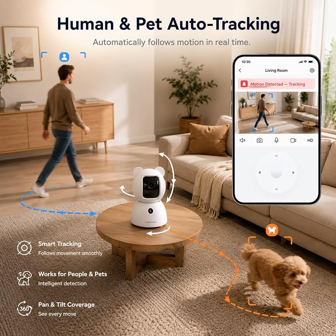 2.5K Indoor Security Camera, Non-Subscription AI Person/Pet/Cry Detection, 4MP Pet/Dog/Cat/Baby Camera, 2-Way Audio for Home Security, Siren, Night Vision, 1pack