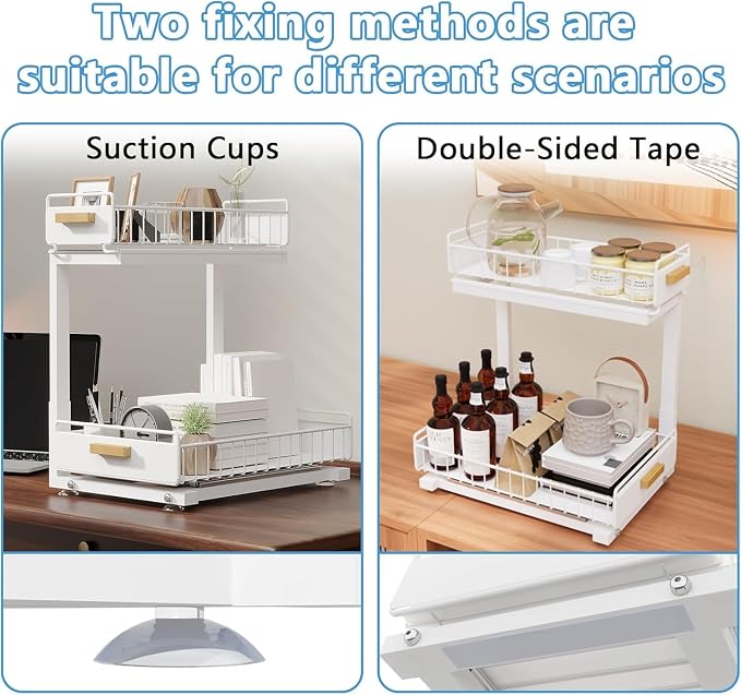 Under Sink Organizer Kitchen - Upgraded Professional Rails, 2 Tier Dual Pull Out Cabinet Storage, Height Adjustable Under Sink Storage, Metal Sliding Drawer for Kitchen & Bathroom, White, 1 Pack