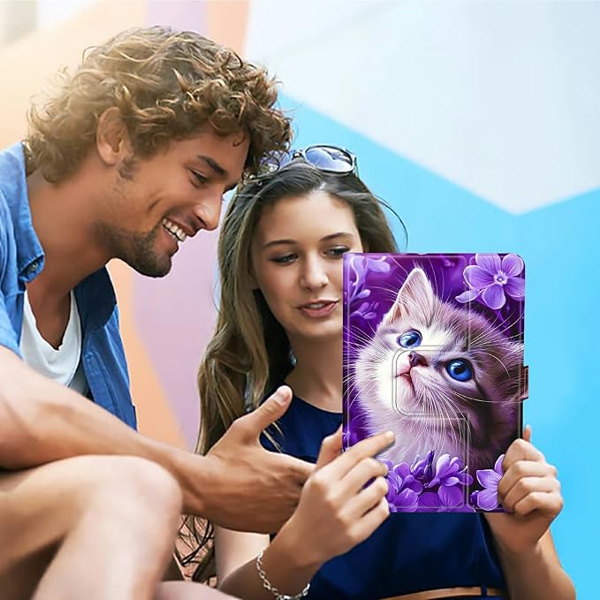 Universal Case for T-Mobile Revvl Tab 2 10.1" Model:9185W 2025/Revvl Tab 5G 10.36" 2023, 360 Degree Rotating Kickstand Protective Stand Leather Shell Cover for 9"-10.5", Purple Cat Flower