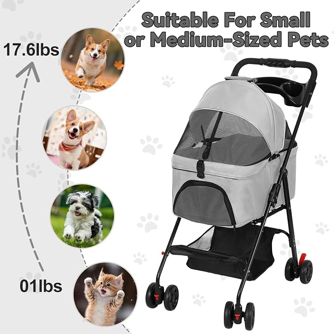 4 Wheel Foldable Pet Stroller – Removable Carrier for Dog Cat, Breathable Mesh Canopy, Storage & Cup Holder, Lightweight Pet Cart Holds 17.6 lbs for Walks Travel Light Grey