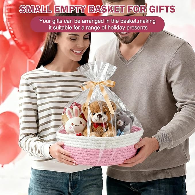 Basket for Gifts Empty, Small Woven Basket with Bags and Ribbons, Baby Toy Baskets with Handles, Wicker Storage Bin for Baby Showers or Pet Toy (Pink, 1 Pack (12"x 8"x 3.74"))