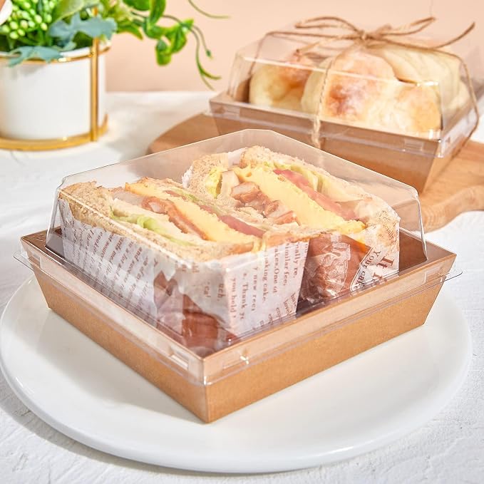 ZORRITA 50 Pack 5 Inch Paper Charcuterie Boxes with Clear Lids, Brown | Small, Square, To Go Food Containers, Bakery Boxes, For Mini Cake, Desserts, Cookies, Sandwiches, Strawberries