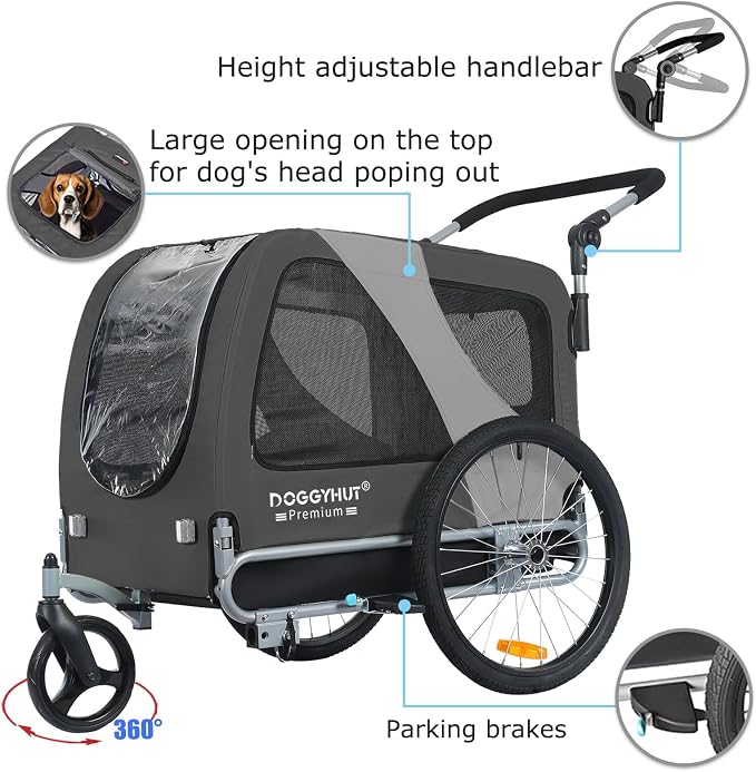 DOGGYHUT® Premium Large Pet Bike Trailer & Stroller Up to 77 lbs (Gray) | Bicycle Trailer for Small Medium or Large Dogs, Dog Bicycle Carrier, Low Center of Gravity, Folding Frame Cart