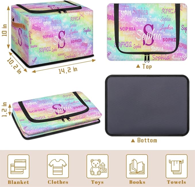 Personalized Kids Toy Box with Name, Custom Baskets Cubes Box with Zipper Lid, Kids Custom Storage Basket Laundry Baskets Organizer with Handles, Colorful Rainbow Pink Yellow Blue with Stars