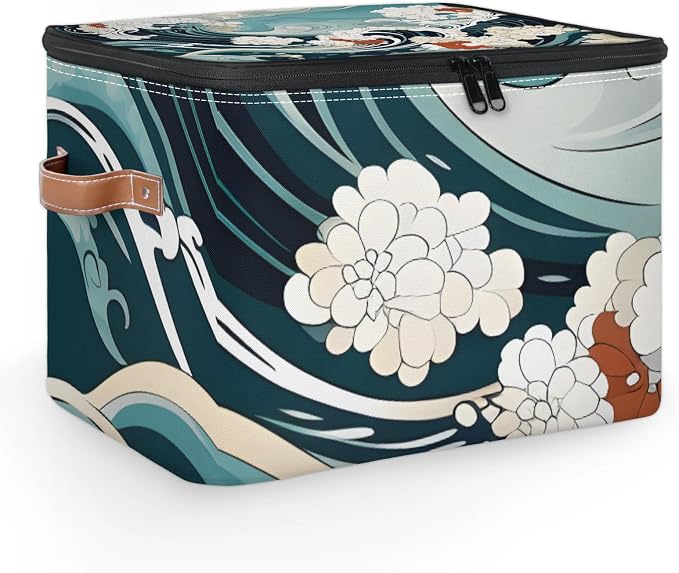 Japanese Waves Vintage Foldable Storage Bin with Lid Zipper | Closet Shelf Organizer, Boxes, Basket Containers for Home, Lidded Storage Cube for Bedroom, Waterproof, with Handles