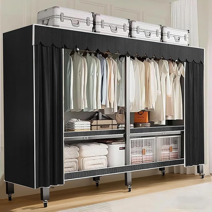 59in Heavy Duty Portable Closet with Black Cover | Foldable Covered Clothes Rack for Hanging Armoire Wardrobe Closet System Freestanding Coat Storage Garment Racks