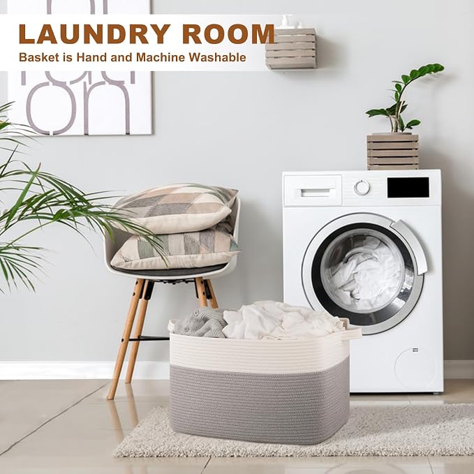 OIASKET Blanket Basket for Living Room, Cotton Rope Basket for Storage, Toy Baskets Bin for kids, Woven Baskets with Handles for Clothes, Towels, Pillows, 20" x 16" x 12", Grey and White