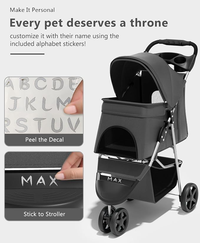 OS MOTOR 3 Wheels Pet Stroller for Small Medium Pets, Black | Foldable Carrier Jogger, Rear Wheel Breaks, Storage Basket, Visible Mesh Weather Cover, Portable, Dog, Cat, Puppy, Kitty