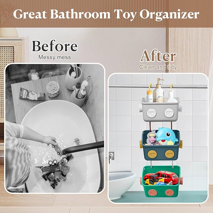 Bath Toy Storage Organizer Basket, 3 Pack Cute Robot Bathtub Shower Toy Organizer, Wall Mounted Hanging Bath Toy Holder with Hooks, for Tub Laundry