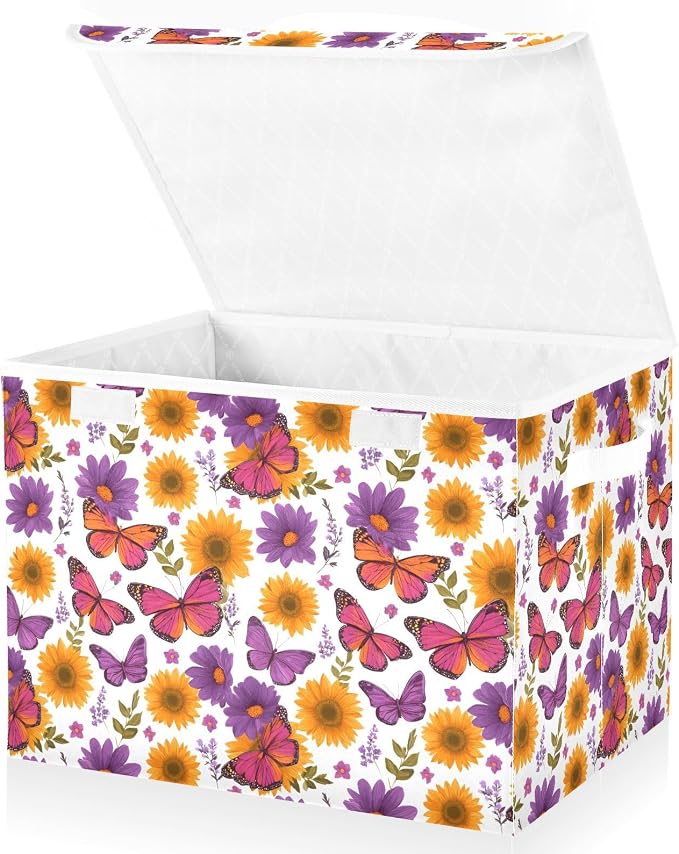 Butterfly Floral Storage Bins with Lids Closet Bedroom 40L Storage Basket | Decorative Storage Boxes, Foldable & Stackable, Dust-Proof Flip Top, Reinforced Handles, For Home & Dorm, Clothes & Toy Box