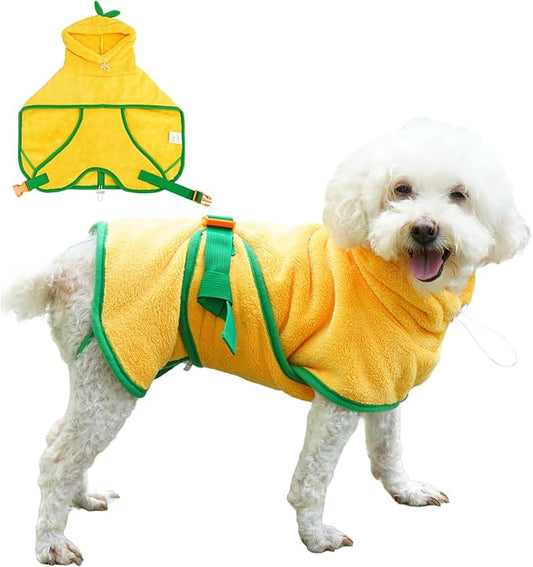 Pet Bathrobe for Dog Cat Absorbently Quick Drying Coat Cute Dogs Bath Towel Hooded Robe Adjustable Collar & Belly Strap for Pool Beach (Yellow, Small)