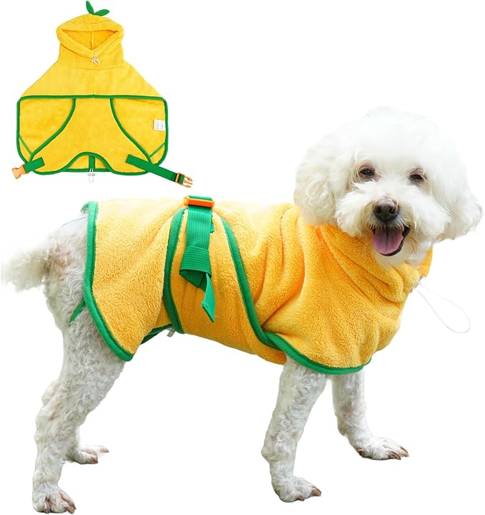 Pet Bathrobe for Dog Cat Absorbently Quick Drying Coat Cute Dogs Bath Towel Hooded Robe Adjustable Collar & Belly Strap for Pool Beach (Yellow, Large)