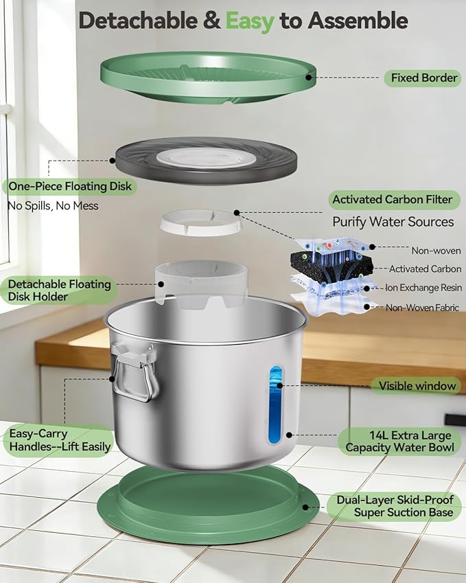 UPSKY 14L No Spill Dog Water Bowl, Stainless Steel Spill Proof Dog Bowl with Water Window, Dual-Suction Anti-Slip Large Capacity Slow Drinking Bowl with Floating Disk for Large Dogs & Messy Drinkers