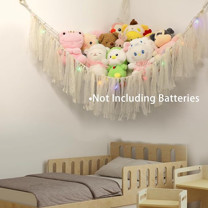 Stuffed Animal Hammock with LED Lights - 59 Inch Large Toy Storage Net for Kids Bedroom, Wall-Mounted Plush Organizer with Wooden Rings, Nursery Decor (Handwoven, White)