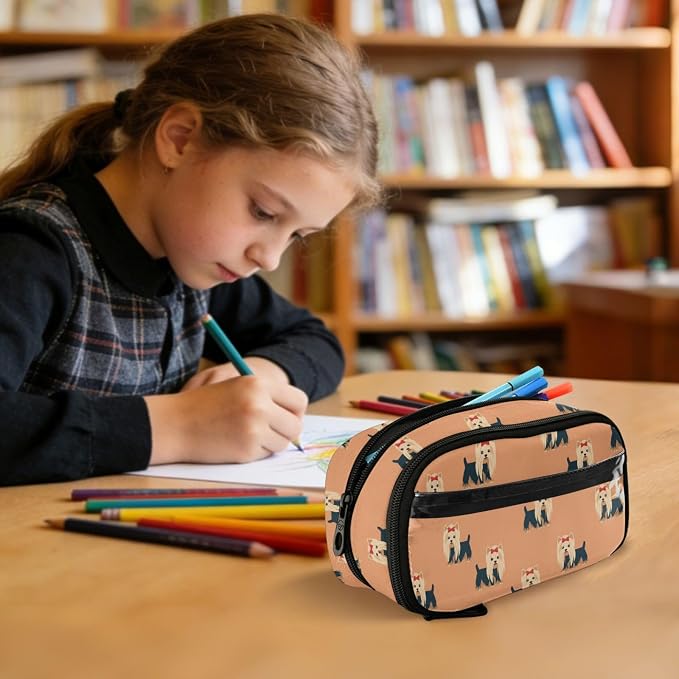 Cute Pets Dogs Orange pattern Large Capacity Pencil Case with Zipper Water Resistant Portable Organizer Pen Bag for Students Office School