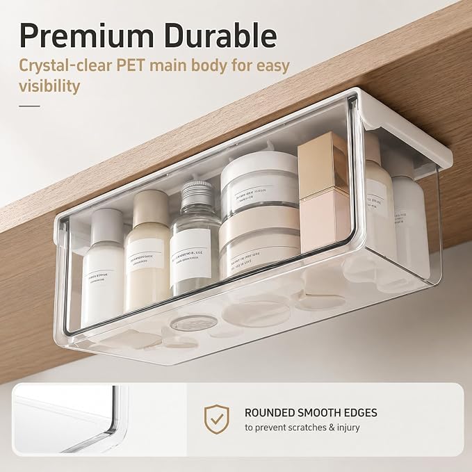 Adhesive Drawer Organizer for Under Medicine Cabinet, Clear | No-Drill, Smooth Pull-Out, 33° Tilted Design, Easy Access, Space Saving Storage, for Bathroom, Kitchen & Vanity