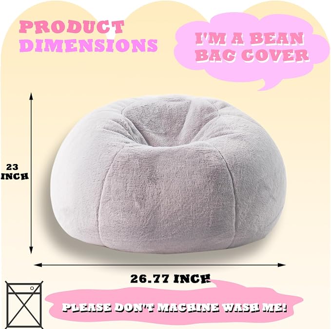 LPMOERA Fluffy Faux Fur (No Filler) Stuffed Animal Bean Bag Storage Covers for Kids Snow Grey