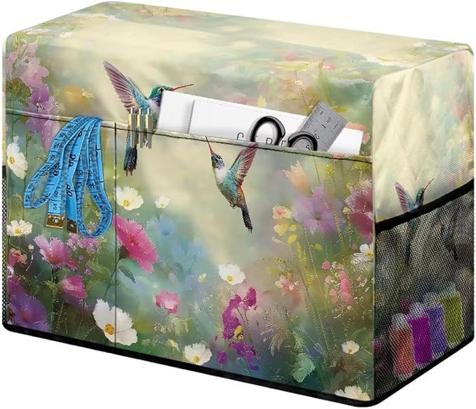 Spring Hummingbird Sewing Machine Cover with Storage Pocket,Enhance Your Sewing Experience with Artistic Flair, Duty, Dust & Pet Hair Protection, Fits Brother, Singer, Janome