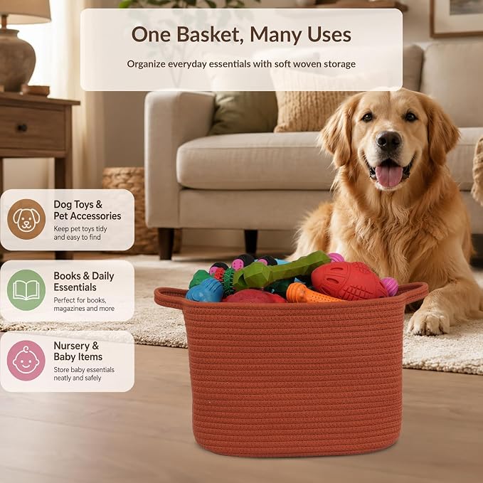 XUANGUO Woven Cotton Rope Storage Basket with Handles 13x10x9 inch Rustic | Woven cotton rope basket for shelves and closets. Perfect for toys, books, clothes, nursery storage and gift baskets.