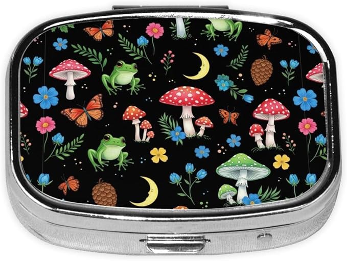 Portable Pill Organizer Compact Moisture-Proof Case Daily Vitamin Box for Men Women Travel Pocket Purse, Moon Frogs Trippy Mushroom Leaves
