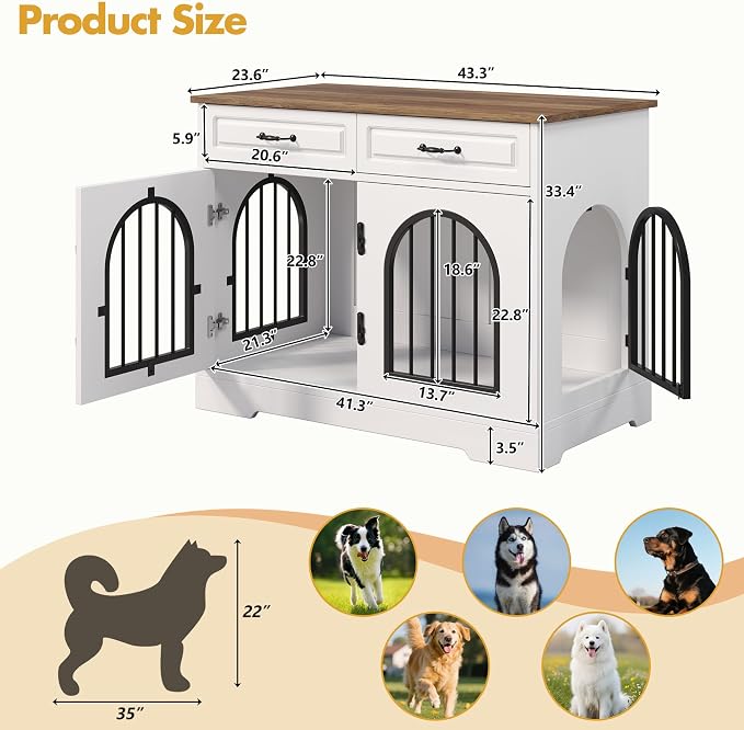 43.3" Dog Crate Furniture for Medium Large Dogs, Heavy Duty Indoor Kennel with Side Doors and 2 Storage Drawers, End Table Dog Cage, MDF & Iron Construction, White & Brown, Sturdy TV Stand Furniture