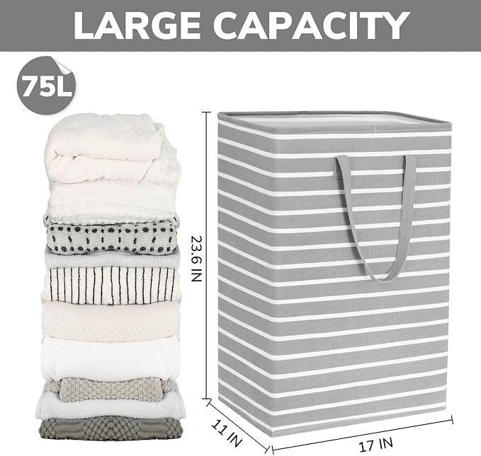 Goodpick Laundry Hamper Large 3-Pack Collapsible Laundry Baskets Tall Dirty Clothes Hampers for Laundry Toy Storage Towel Blanket Baskets for Organizing in Bathroom, Bedroom, Dorm, 75L, Grey & White