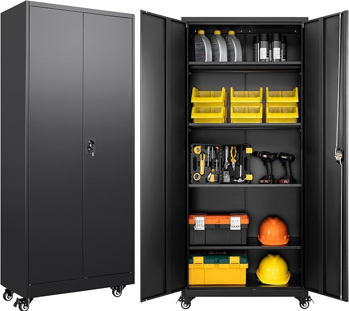 Metal Storage Cabinet with Wheels,75 inch Tall Rolling Garage Storage Cabinet with Lock,Black Metal Cabinets with Wheels and Shelves,Deep Heavy Duty Tool Locker for Garage,Home,Office,Shop
