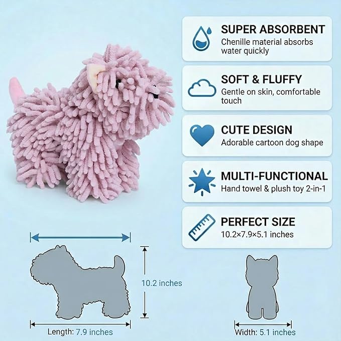 Cute Dog Chenille Hand Towel, 3D Puppy Hangable Fuzzy Ball Hand Towel Microfiber Super Soft Absorbent Bathroom & Kitchen Towels with Hanging Loop, Can Be Placed on the Sink Countertop (Pink+Blue)