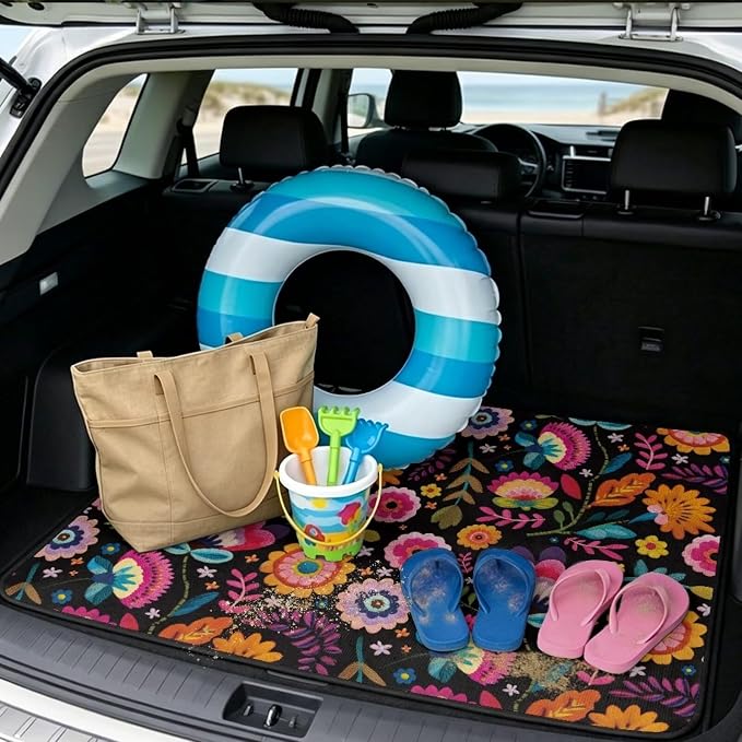 Colorful Floral Print Non Slip Car Trunk Mat, Universal All Weather Cargo Liner 29" x 39", Durable Washable Pet Friendly Rear Trunk Protection Mats