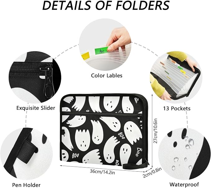 Cute Halloween Ghosts Pattern Expanding File Folder with Sticky Labels, 13 Pockets Accordion File Folder Document Organizer Expandable Zip File Folder with Zipper Closure