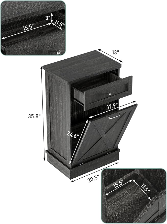TOLEAD 10 Gallon Tilt Out Trash Can Cabinet Wooden Hidden Trash Cabinet with Solid Wood Top & Drawer, Farmhouse Kitchen Garbage Bin Enclosure Pet Proof Laundry Hamper for Kitchen, Bathroom Grey