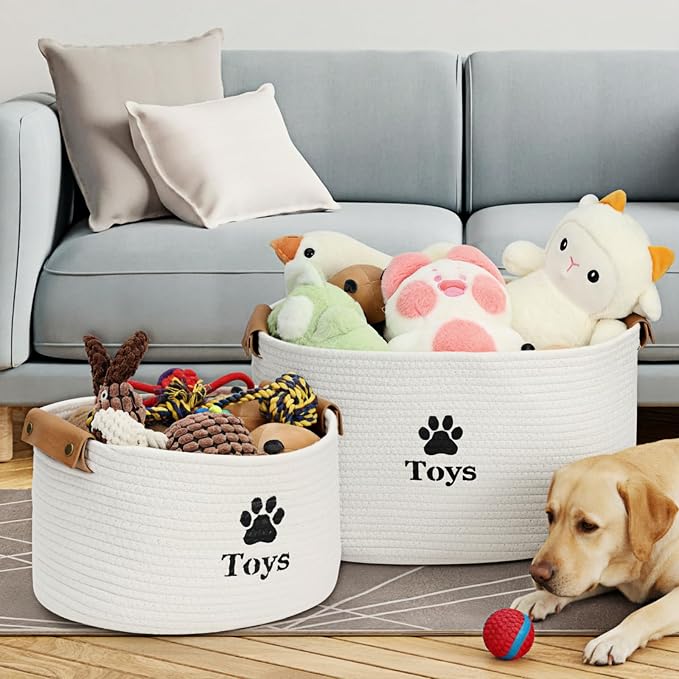 Dog Toy Basket Large, Quality Cotton Rope Dog Toy Bin (18x13x10’’) | Cute Paw Print Large Basket for Dog Toys, Portable Toy Storage Organizer with Handles for Pet Supplies, Toys & Accessories