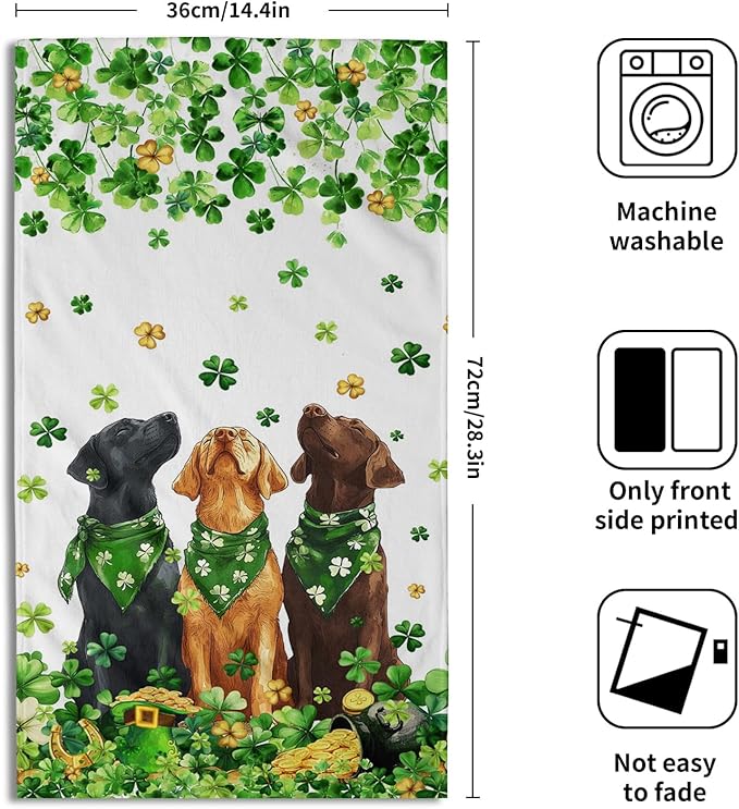 Giwawa St Patrick Dog Towel Set of 2, Falling Lucky Clover Shamrocks Decorative Hand Towels, Patrick's Day Hat Puppy Soft Microfiber Face Towel Washcloth for Bathroom Guest Gym Spa Hotel