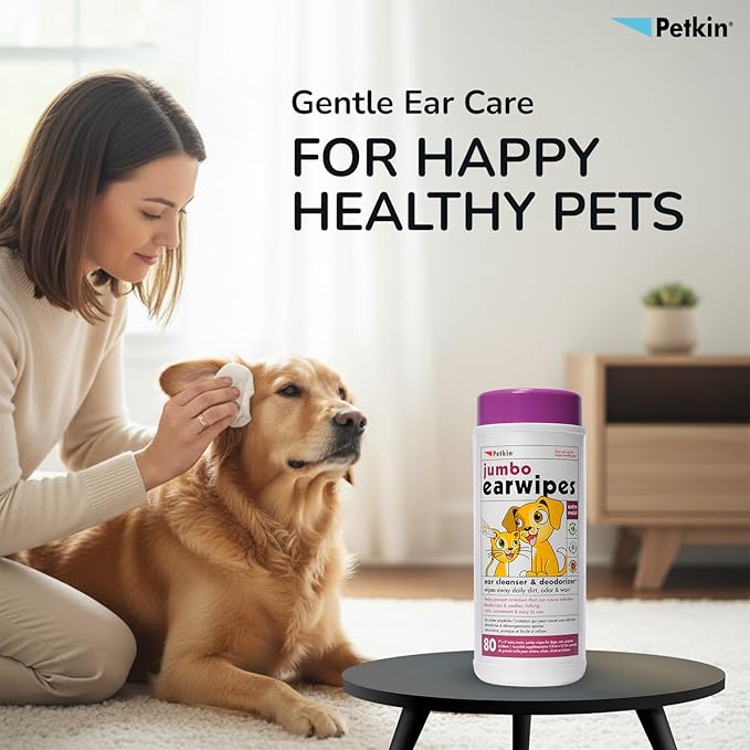 Petkin Jumbo Pet Ear Wipes, 80 Extra Moist Wipes - Soothing & Deodorizing Pet Ear Cleaner to Remove Dirt, Odor, & Wax - Safe, Convenient, & Easy to Use Pet Wipes for Dogs, Cats, Puppies & Kittens