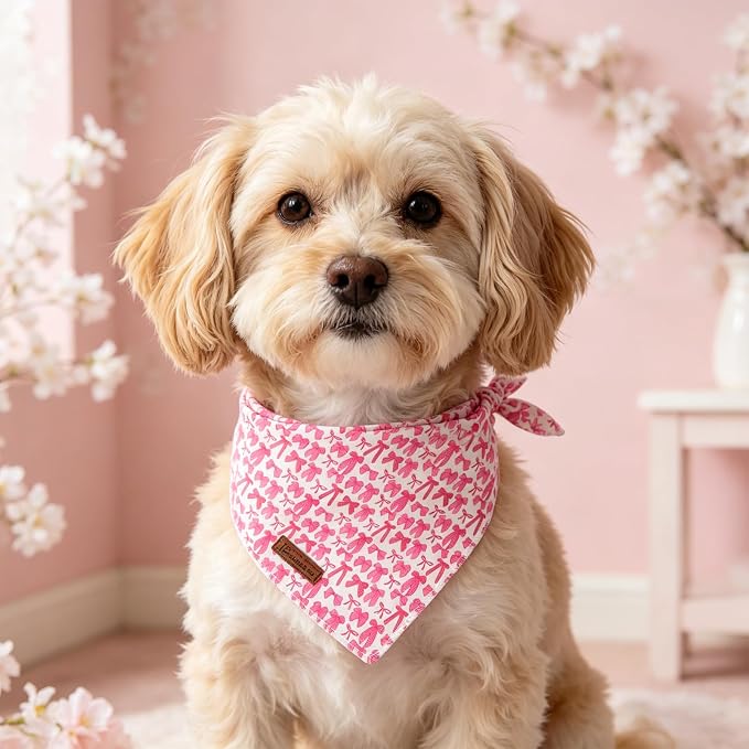 Pink Bow Dog Bandana, Rose Pink Bowtie Puppy Bandana for Girl Female Dogs, Soft Cotton Pet Triangle Bid Scarf Kerchief for Girl Boy Dogs or Cats