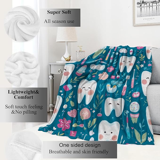 Dental Tooth Fairy Blanket,50x60in,Cute Toothbrushe Floss Teal Throw Blankets,Dental Hygienist Gifts for Kids Adult, Lightweight Soft Fleece Cozy,for Sofa Couch Bed Room Modern Decor