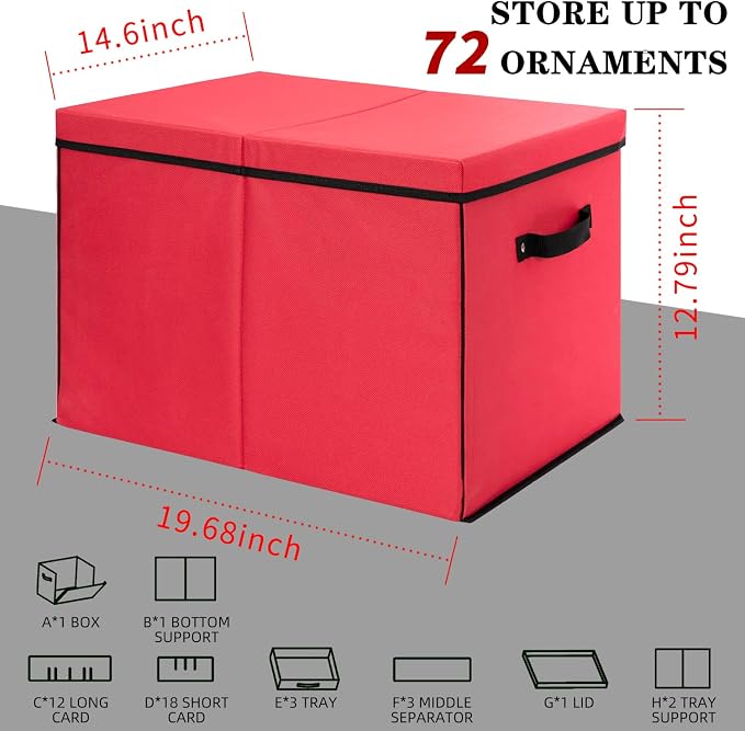 Christmas Ornament Storage Box with Adjustable Dividers, Large Holiday Ornaments Storage Container Bin with Lid for Xmas Decorations (72-3" Balls, Red, With Removable Tray)