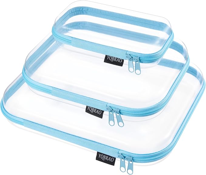 YQBRAO Clear Hard Shell Organizer Cases, 3-Pack, Blue | Large, medium & small rigid PET organizers for travel, tech accessories, beauty products and everyday storage