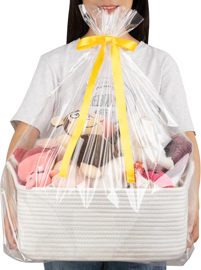 OIAHOMY 19L Woven Basket, Gift Basket Empty with Gift Bags and Ribbons, Rope Baskets for Baby Showers, Storage Baskets with Handles for Nursery, Pet Toy Organizer - White